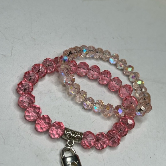 Pink Crystal Lock Charm Bracelet Set - Picture 2 of 3